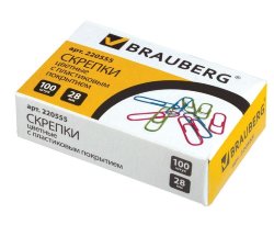 Скрепки BRAUBERG 28 мм цветные, 100 шт., в картонной коробке