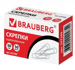 Скрепки Brauberg, 50 мм, оцинкованные, 50 шт., в картонной коробке