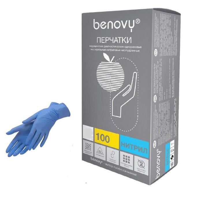 Перчатки нитриловые неопудр Benovy  (10/100) L голубые в Крыму